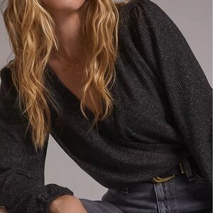 Anthropologie AMADI Comfy Surplice Gray Sweater Top | Size L